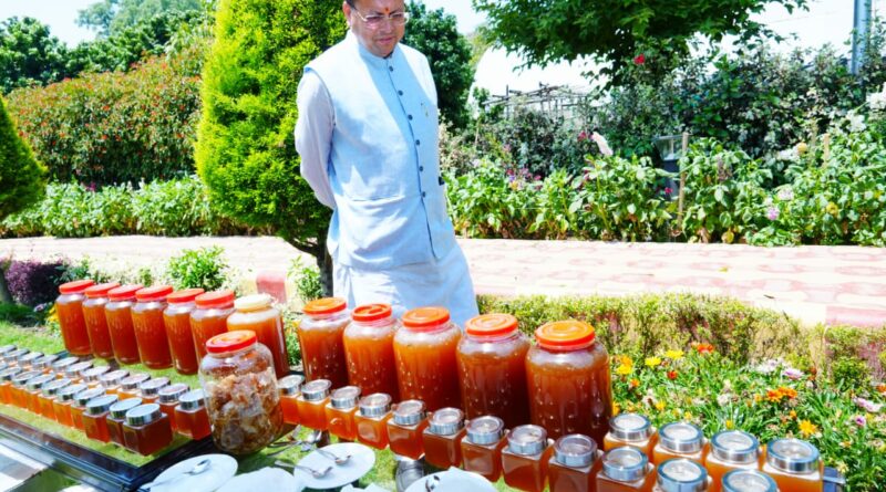 मुख्यमंत्री पुष्कर सिंह धामी ने शहद निकालने की प्रक्रिया का अवलोकन किया।